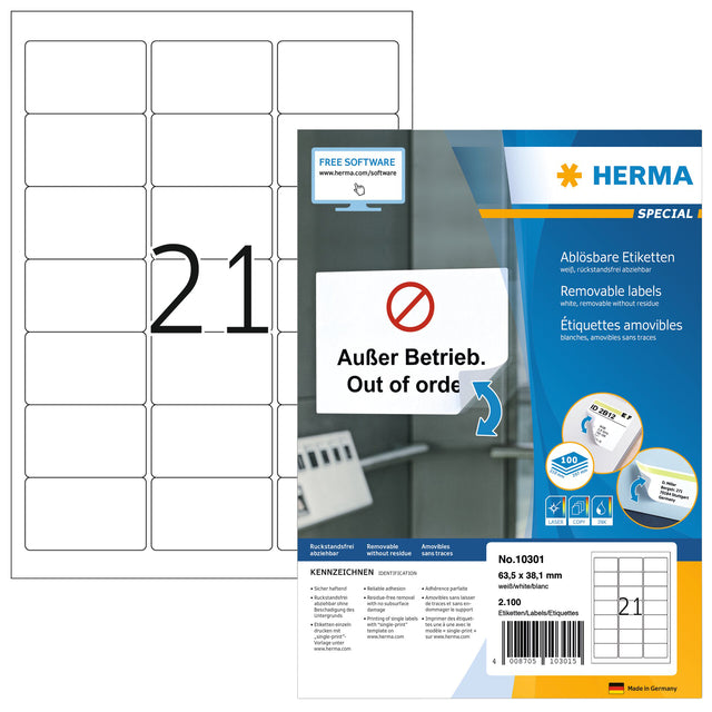 Etikett herma 10301 63,5x38,1mm weiß 2100 Etiketten | Holen Sie sich 100 Blatt