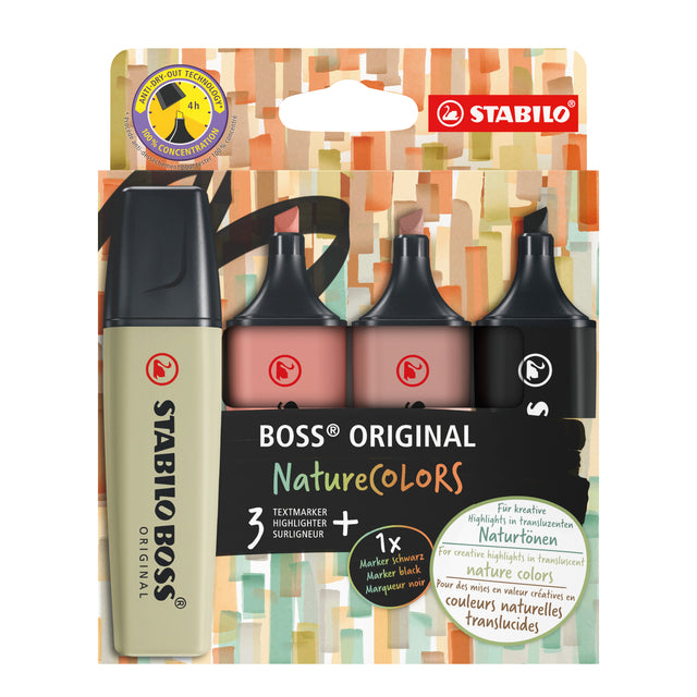 Textmarker Stabilo Boss 70/4 Federmäppchen mit 4 Stück natur | Karton mit 4 Stück