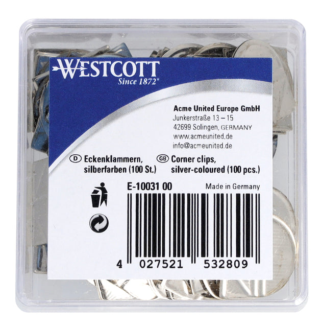 Westcott - Eckclips Aluminium Silber -ausgelöste Schachtel mit 100 Teilen