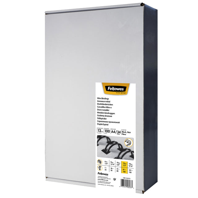 Wire Ridge Fellowes 12mm 34-Ringe A4 Black 100-Pieces