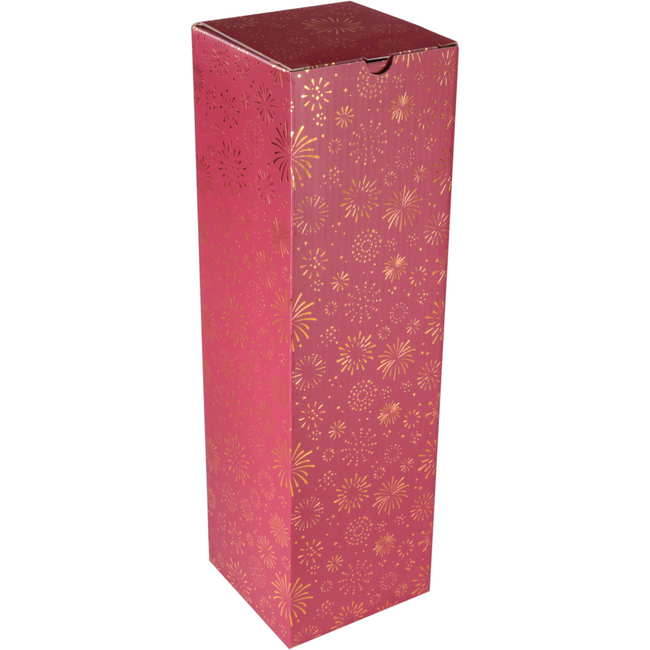 Klika - Flaschenbox | Feuerwerk | Karton + PE | 1 Flasche | 95x95x330mm | Weihnachten | Rot/Gold 10 Stück