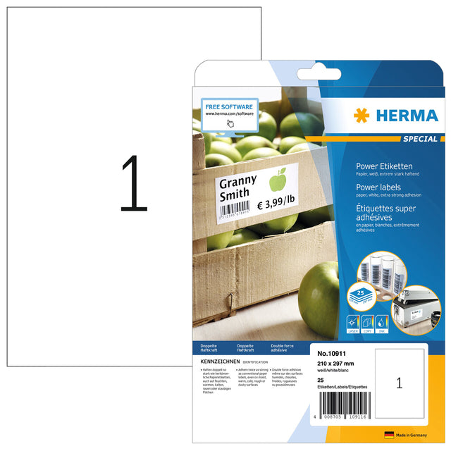 Etikett herma power 10911 210x297mm weiß 25 Stück | Blister mit 25 Blatt