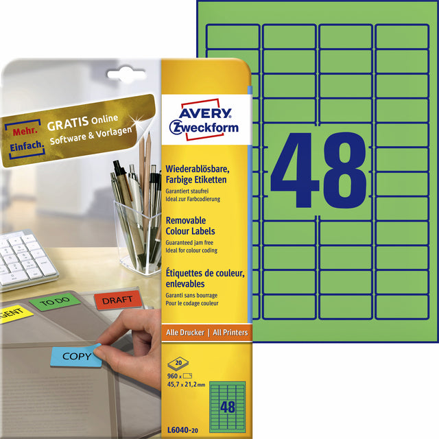 Etikett Avery L6040-20 45,7 x 21,2 mm grün 960 Stück | Holen Sie sich ein 20-Blatt