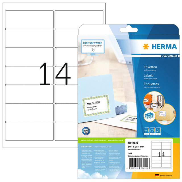 Etikett herma 8635 99,1x38,1mm premium weiß 140 Stück | Blister mit 10 Blatt