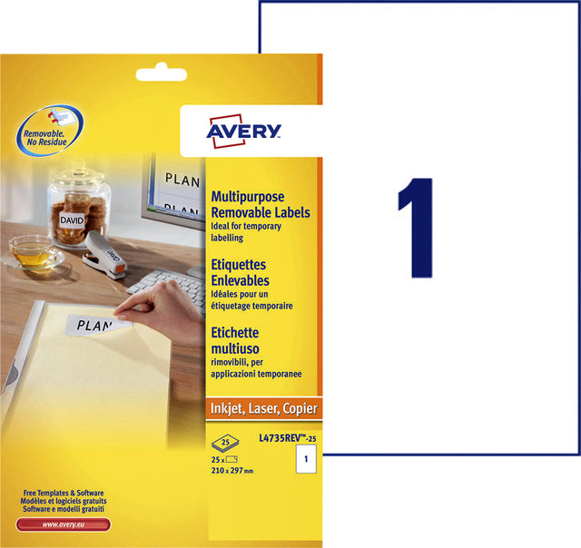 Etikett Avery L4735REV-25EF-25 210x297mm A4 abnehmbar weiß 25 Teile
