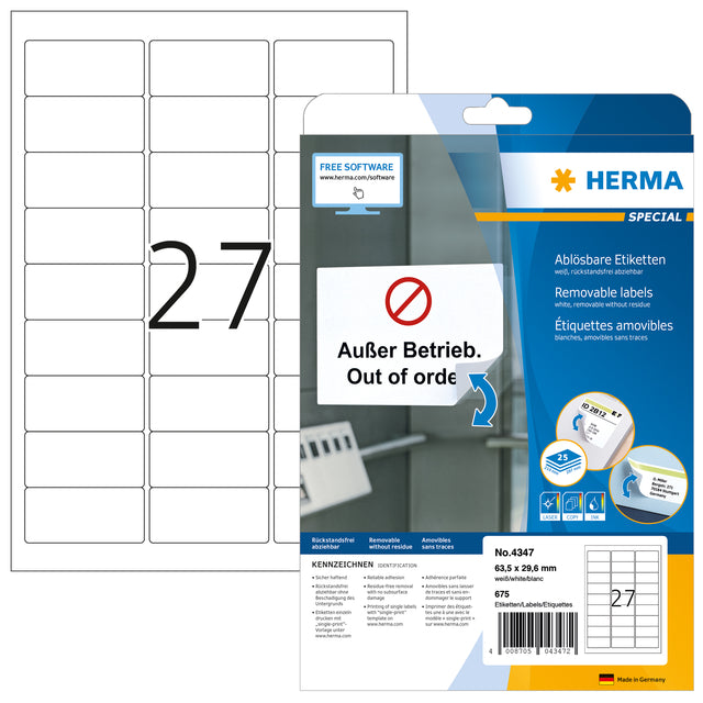 Herma 4347 Etikett 63.5x29.6mm Abnehmbares weiße 675 Teile