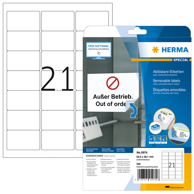 Etikett Herma 5074 63.5x38.1mm Abnehmbar weiß 525 Teile