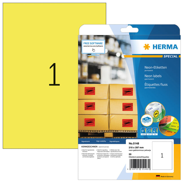 Etikett Herma 5148 210x297mm A4 fluoreszierend gelb 20 Stück | Blister mit 20 Blatt