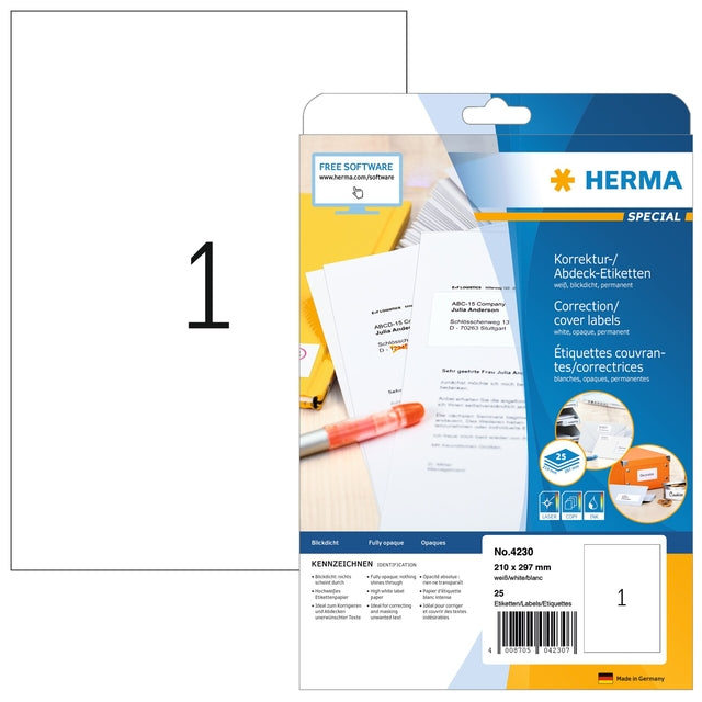 Label Herma 4230 210x297mm A4 Korrektur Weiß 25 Teile