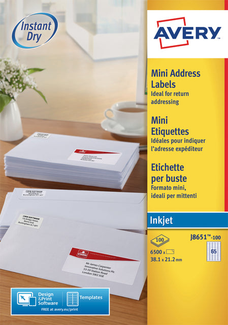 Etikett Avery J8651-100 38.1x21.2mm Weiß 6500 Stück
