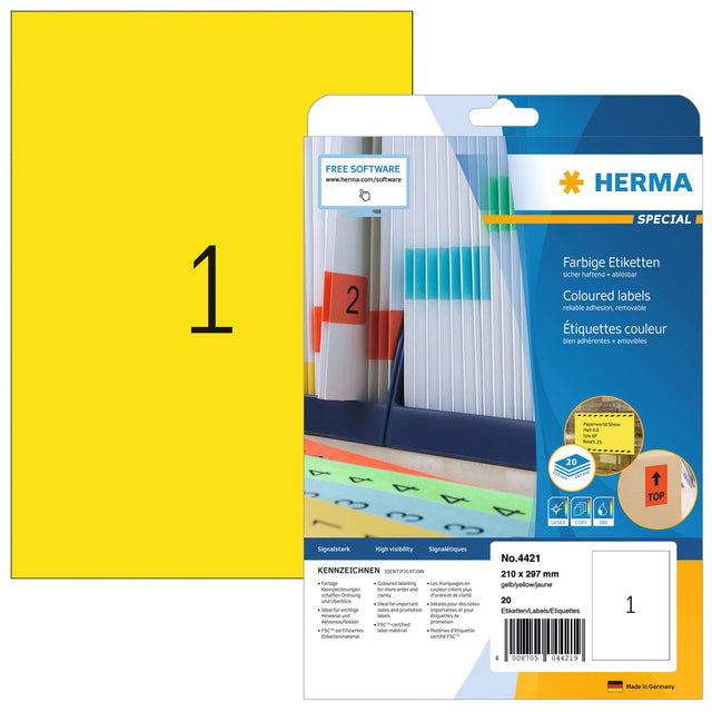 Etikett Herma 4421 210x297mm Abnehmbar A4 Yellow 20 Teile