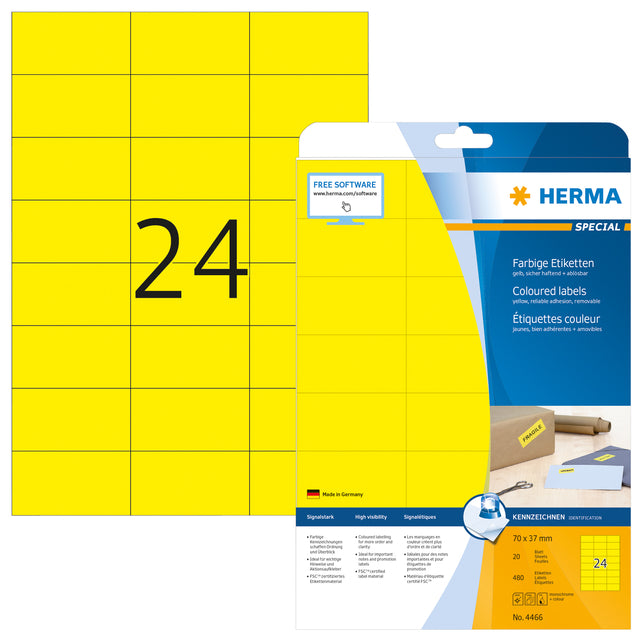 Etikett Herma 4466 70x37mm Abnehmbarer gelb 480 Stück