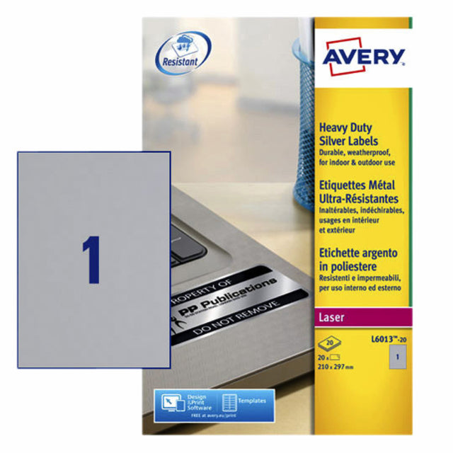 Etikett Avery L6013-20 210x297mm Silber 20 Stück