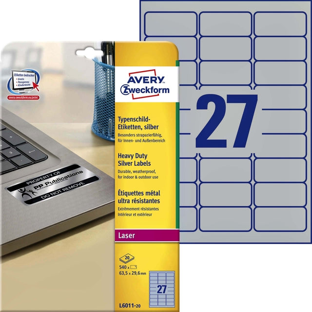 Étiquette Avery L6011-20 63.5x29.6 mm Silver 540 Piece | 5 pièces