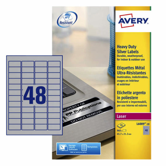 Etikett Avery L6009-20 45.7x21,2 mm Silber 960 Stück
