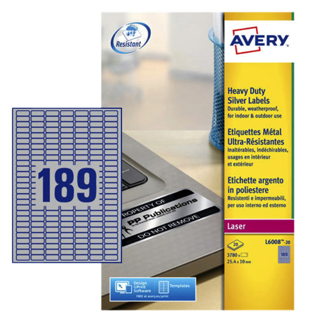 Etikett Avery L6008-20 25,4x10 mm Silber 3780 Stück