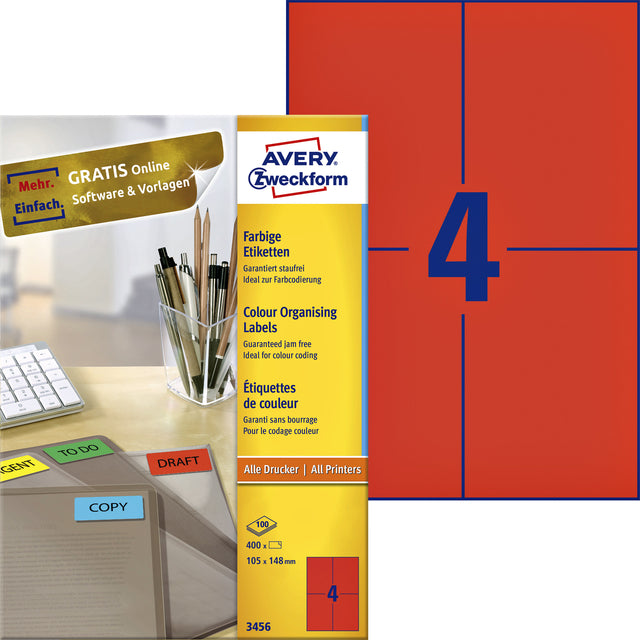 Beschriftung Avery Zweckform 3456 105x148mm A6 Red 400 Stück