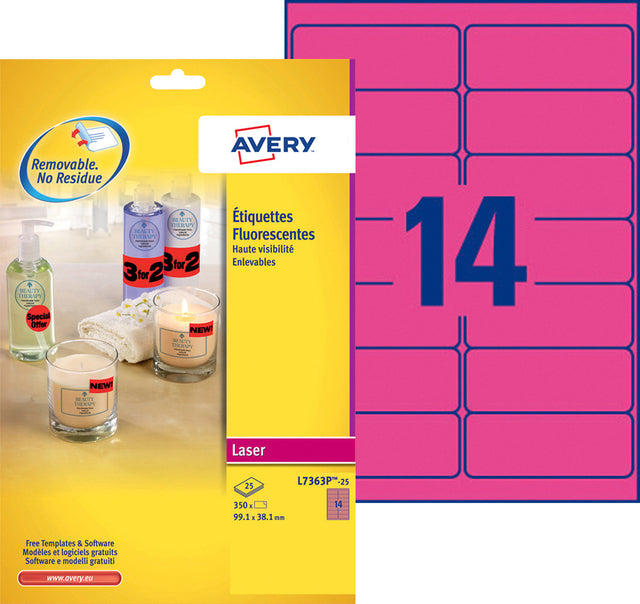 Etikett Avery L7363P-250 99.1x38.1mm Neon Pink 340 Stück