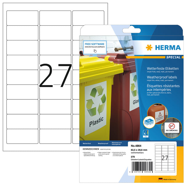 Etikett Herma 4864 63,5 x 29,6 mm wetterfeste weiße 270 Teile