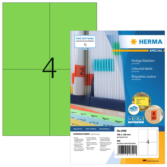 Etikett Herma 4399 105x148mm A6 grün 400 Stück | Blister mit 100 Blatt