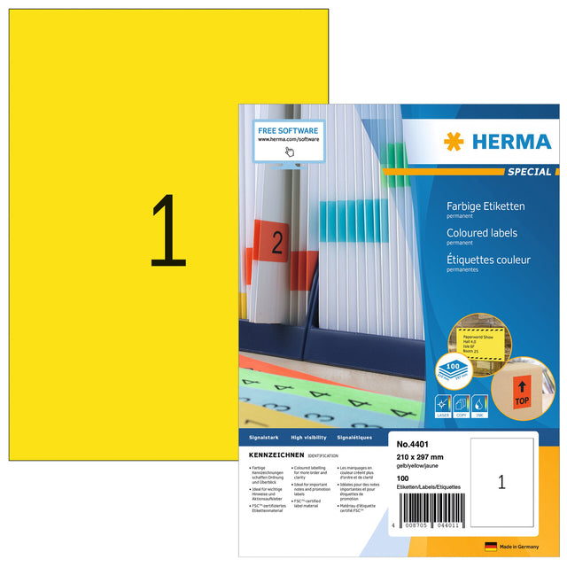 Label Herma 4401 210x297mm A4 Yellow 100 -Pieces