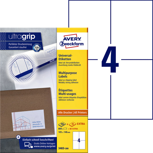 Etikett Avery Zweckform 3483-200 105x148mm A6 Weiß 800 Stück