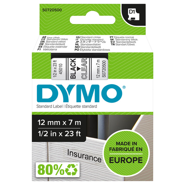 Etikettenklebeband Dymo 45010 D1 720500 12mmx7m schwarz auf transparent | 5 Stücke