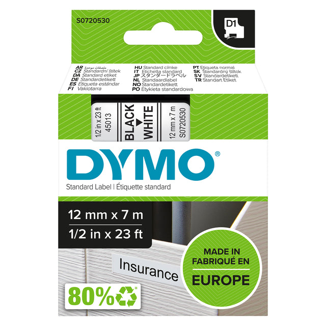Etikett Tape Dymo 45013 D1 720530 12mmx7m schwarz auf Weiß