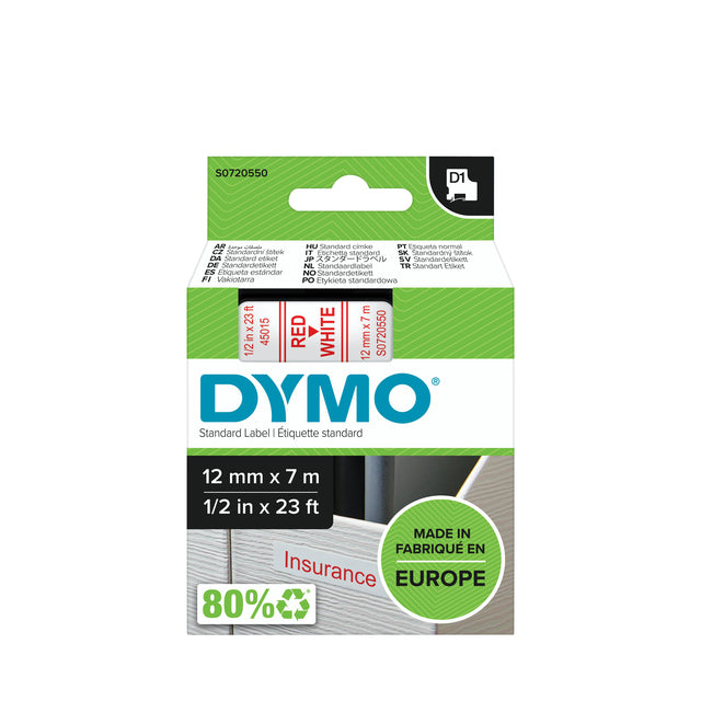Etikett Tape Dymo 45015 D1 720550 12mmx7m rot auf Weiß