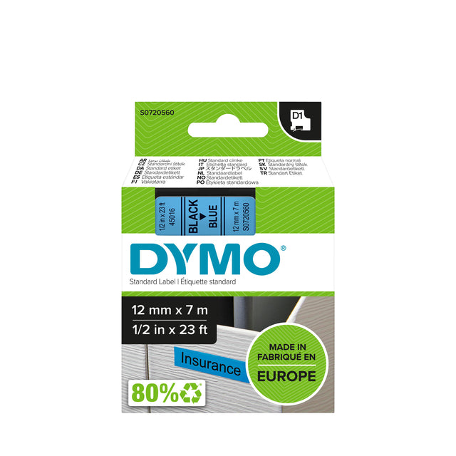 Etikettenklebeband Dymo 45016 D1 720560 12mmx7m schwarz auf blau | 5 Stücke