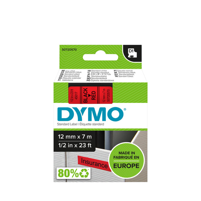 Etikettenklebeband Dymo 45017 D1 720570 12mmx7m schwarz auf rot | 5 Stücke