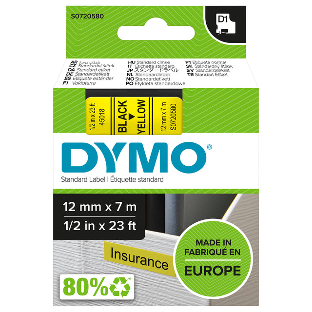 Etikett Tape Dymo 45018 D1 720580 12mmx7m schwarz auf Gelb