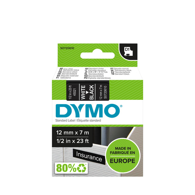 Etikettenklebeband Dymo 45021 D1 720610 12mmx7m weiß auf schwarz | 5 Stücke