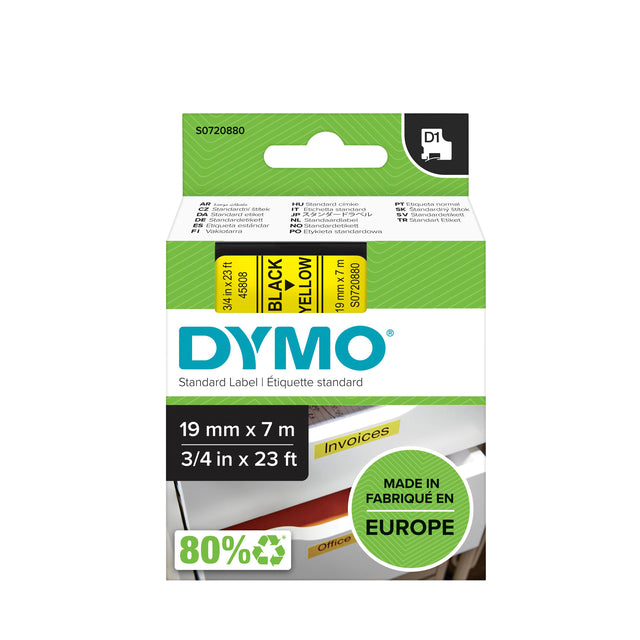Etikett Tape Dymo 45808 D1 720880 19mmx7m schwarz auf gelb | 5 Stücke