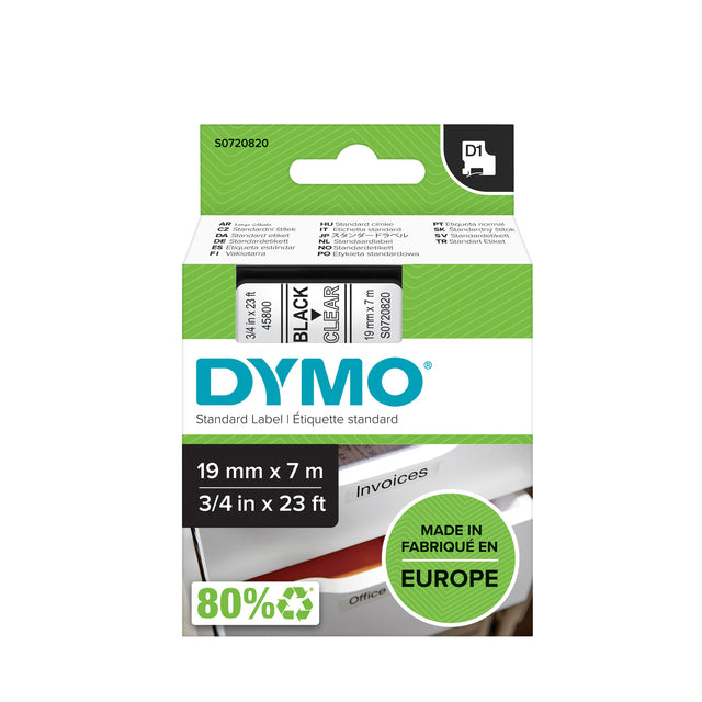 Etikett Tape Dymo 45800 D1 720820 19mmx7m schwarz auf transparent