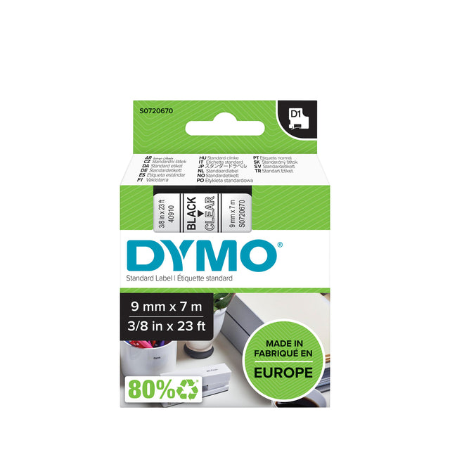 Etikettenklebeband Dymo 40910 D1 720670 9mmx7m schwarz auf transparent