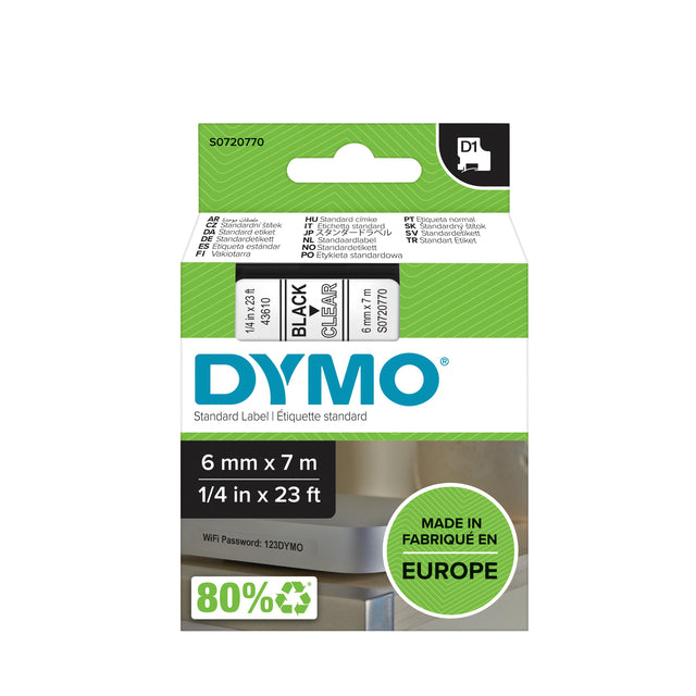 Etikettenklebeband Dymo 43610 D1 720770 6mmx7m schwarz auf transparent | 5 Stücke