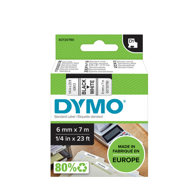 Etikettenklebeband Dymo 43613 D1 720780 6mmx7m schwarz auf Weiß
