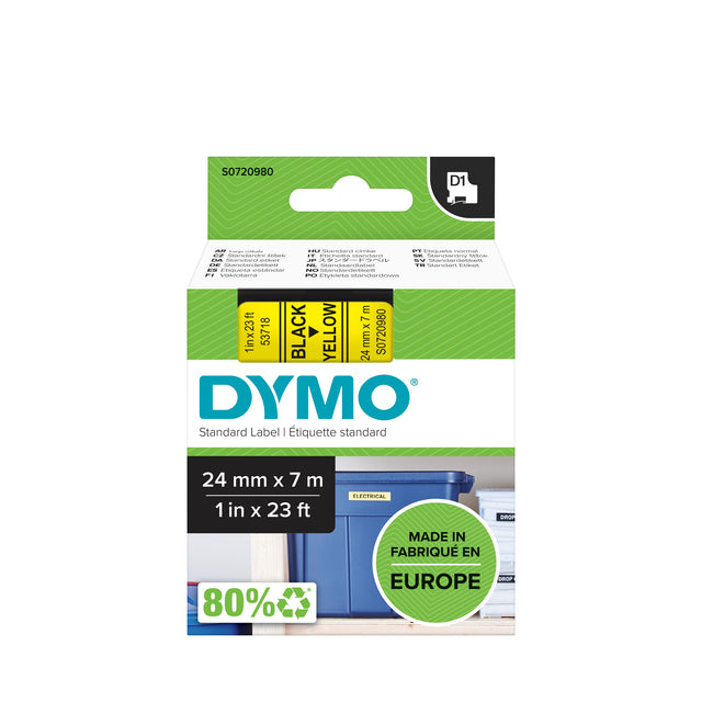 Etikett Tape Dymo 53718 D1 720980 24mmx7m Black Op Geel