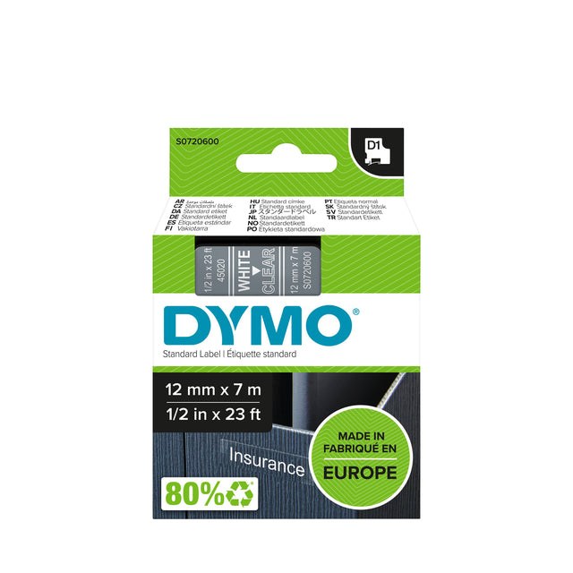 Etikettenklebeband Dymo 45020 D1 720600 12mmx7m weiß auf transparent