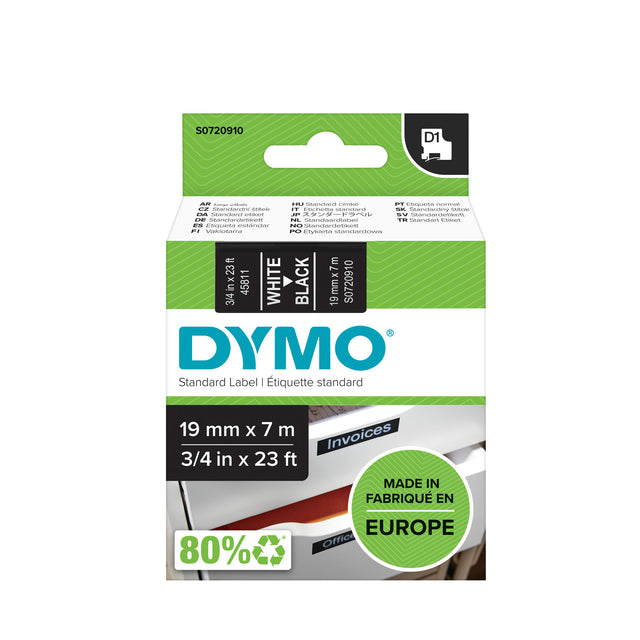 Etikett Tape Dymo 45811 D1 720910 19mmx7m Weiß auf Schwarz