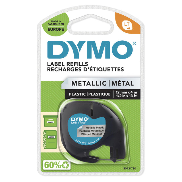 Beschriftungsband Dymo 91208 Letratag 12mmx4m silber/schwarz | 1 Stück