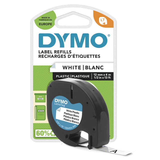 Etikettenklebeband Dymo letratag 91201 Kunststoff 12mm schwarz auf Weiß