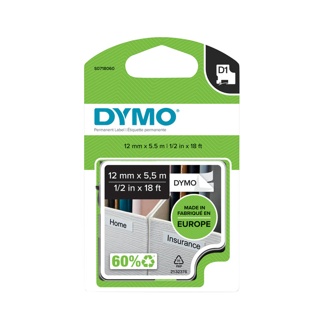 Etikett Tape Dymo 16955 D1 718060 12 mmx5,5 m Polyschwarz auf Weiß
