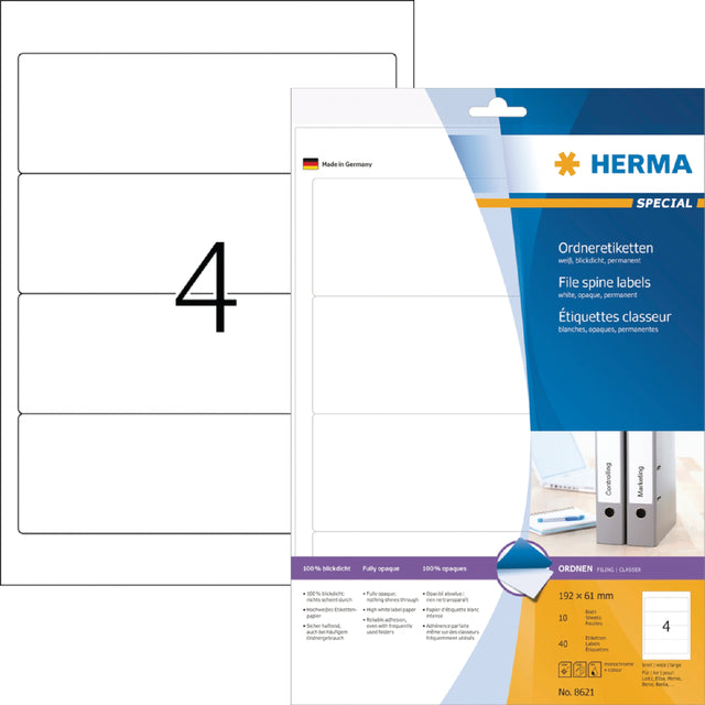 Back -Label Herma 8621 Wide 61x192mm selbstadhäsives Weiß