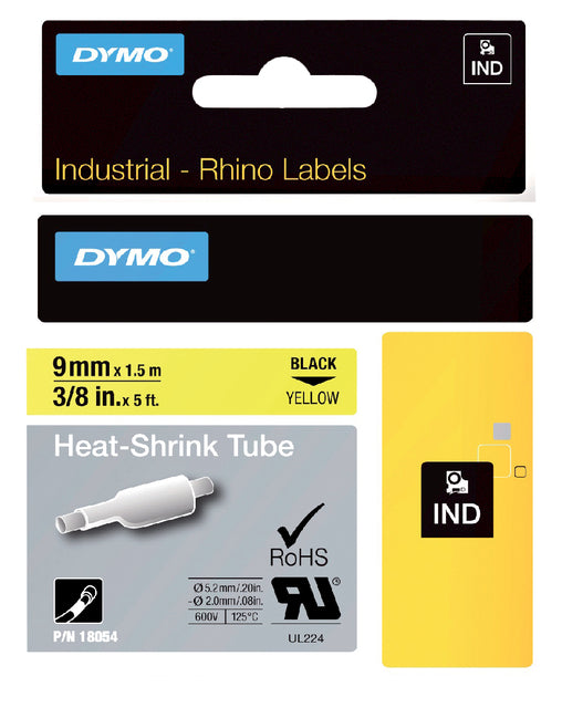Etikett Tape Dymo Rhino 18054 Schrumpfung 9mmx1,5 m schwarz auf Gelb