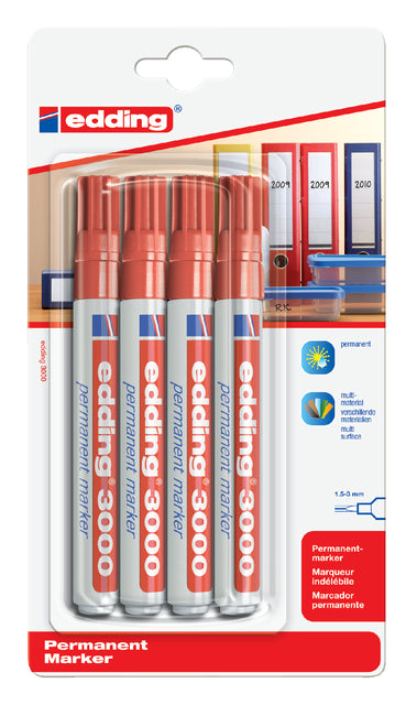 Filztip Edding 3000 rund rot 1,5-3mm Blister zu 4st | 10 Stück