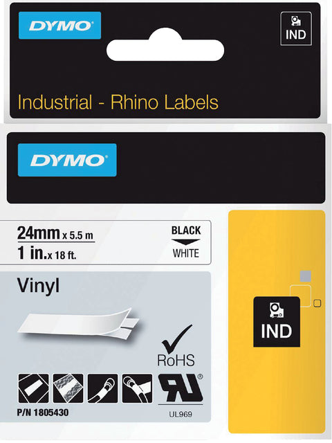 Etikett Tape Dymo Rhino 18054 Vinyl 24mmx5,5 m schwarz auf Weiß