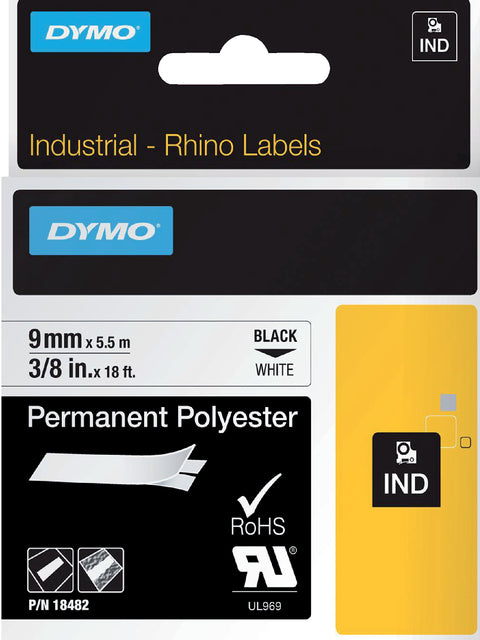 Etikett Tape Dymo Rhino 18482 Polyester 9mmx5,5 m schwarz auf Weiß
