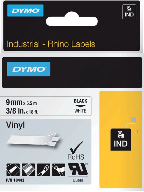 Etikett Tape Dymo Rhino 18443 Vinyl 9mmx5,5 m schwarz auf Weiß